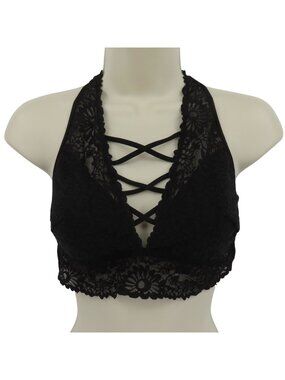 PINK Victorias Secret Women Large Black Floral Flower Lace Wireless Bralette Bra
